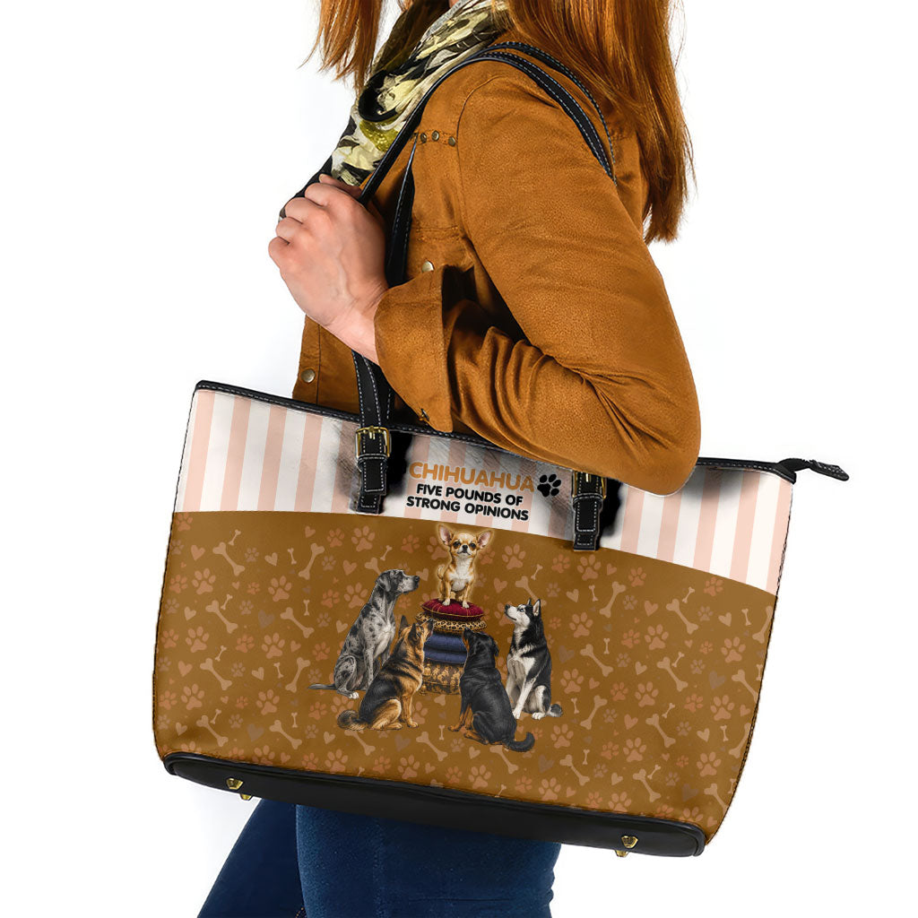 Chihuahua Five Pounds Of Strong Opinions Leather Tote Bag Funny Dog Quote Paw Print Pattern