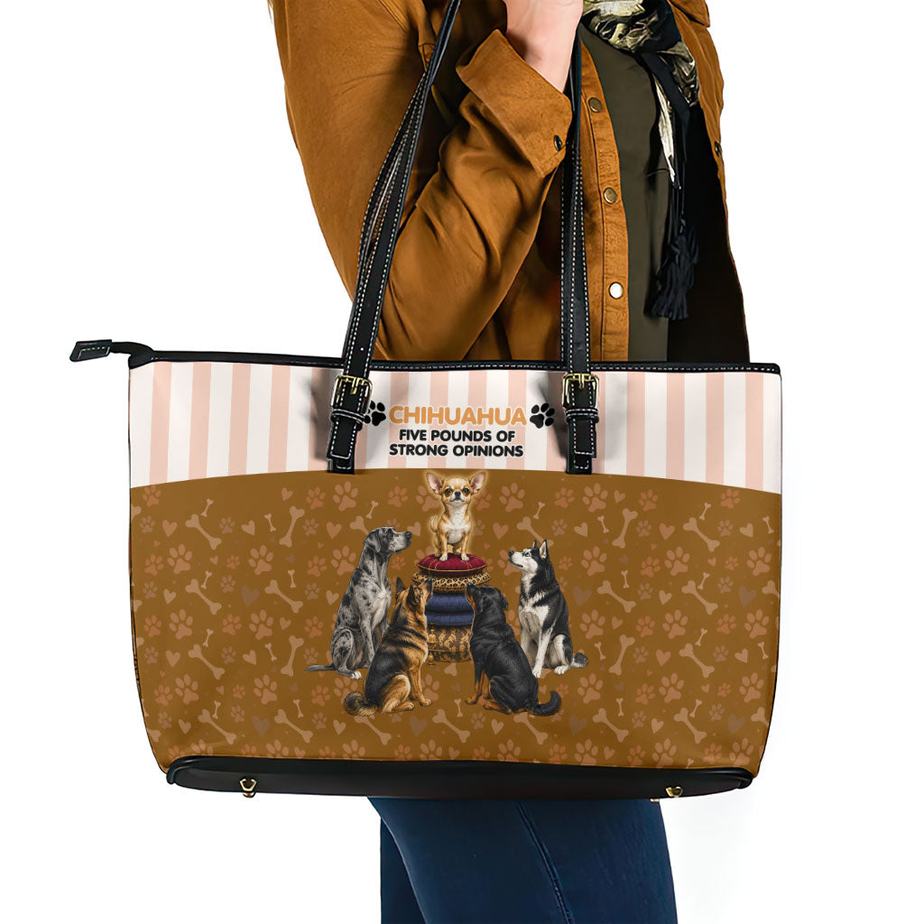 Chihuahua Five Pounds Of Strong Opinions Leather Tote Bag Funny Dog Quote Paw Print Pattern