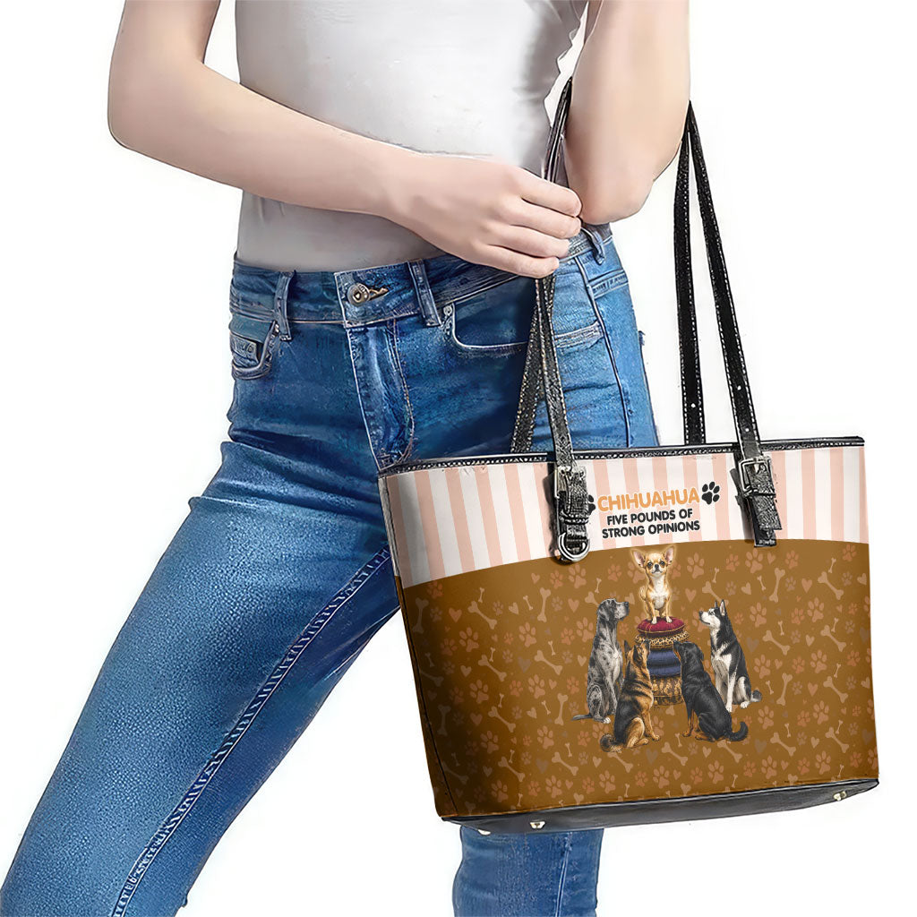 Chihuahua Five Pounds Of Strong Opinions Leather Tote Bag Funny Dog Quote Paw Print Pattern