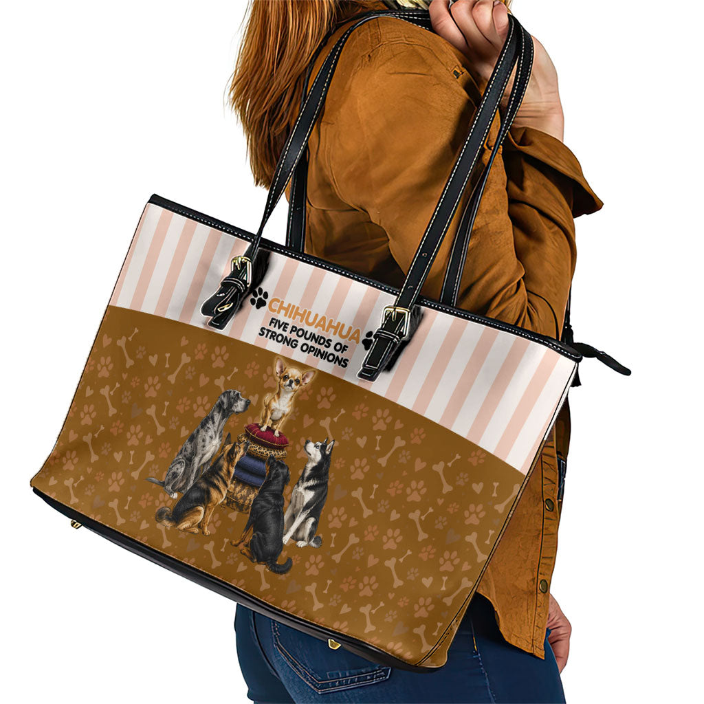 Chihuahua Five Pounds Of Strong Opinions Leather Tote Bag Funny Dog Quote Paw Print Pattern