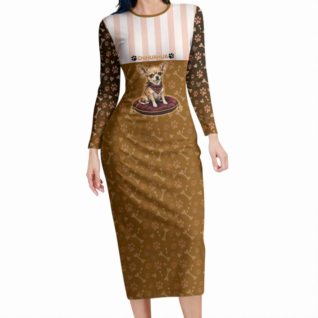 Chihuahua Five Pounds Of Strong Opinions Long Sleeve Bodycon Dress Funny Dog Quote Paw Print Pattern