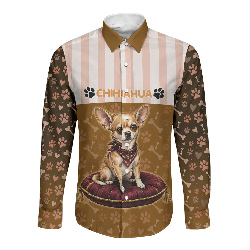 Chihuahua Five Pounds Of Strong Opinions Long Sleeve Button Shirt Funny Dog Quote Paw Print Pattern