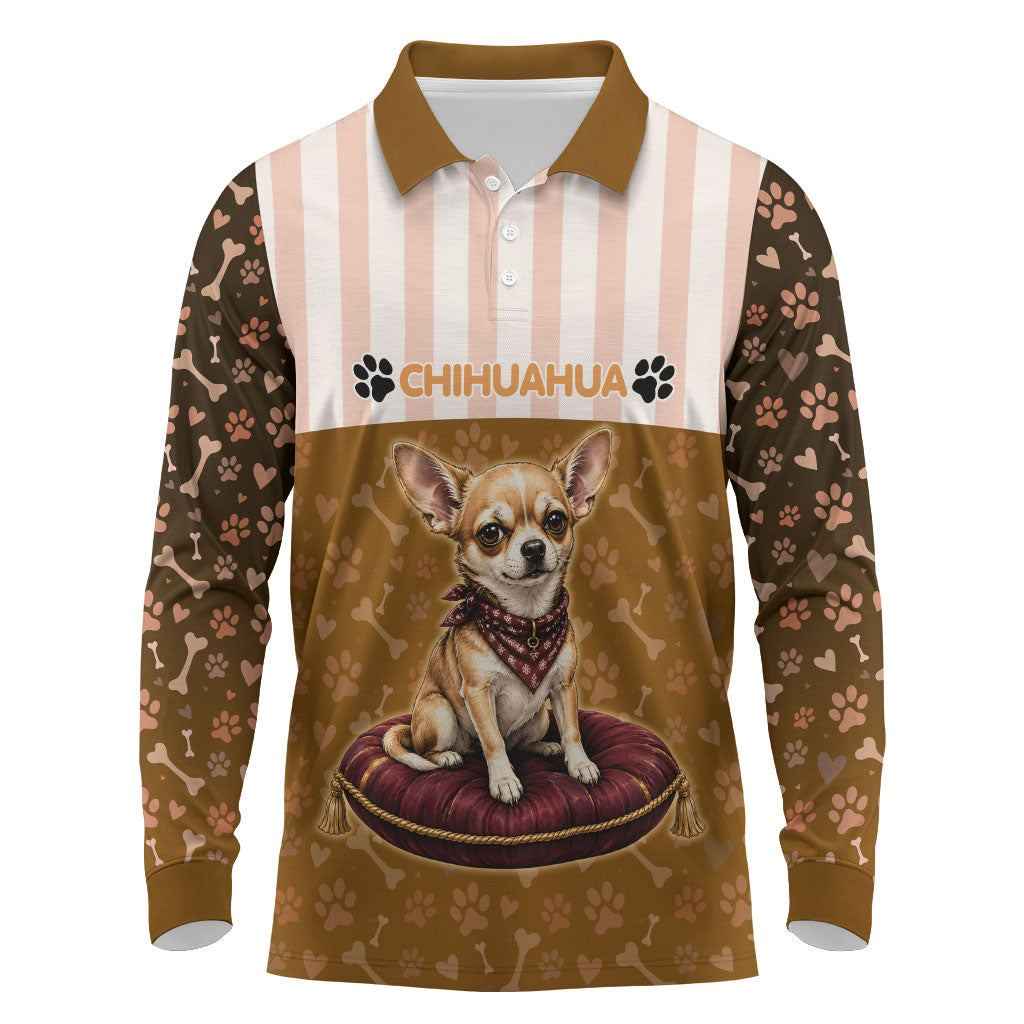 Chihuahua Five Pounds Of Strong Opinions Long Sleeve Polo Shirt Funny Dog Quote Paw Print Pattern