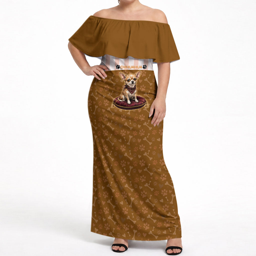 Chihuahua Five Pounds Of Strong Opinions Off Shoulder Maxi Dress Funny Dog Quote Paw Print Pattern
