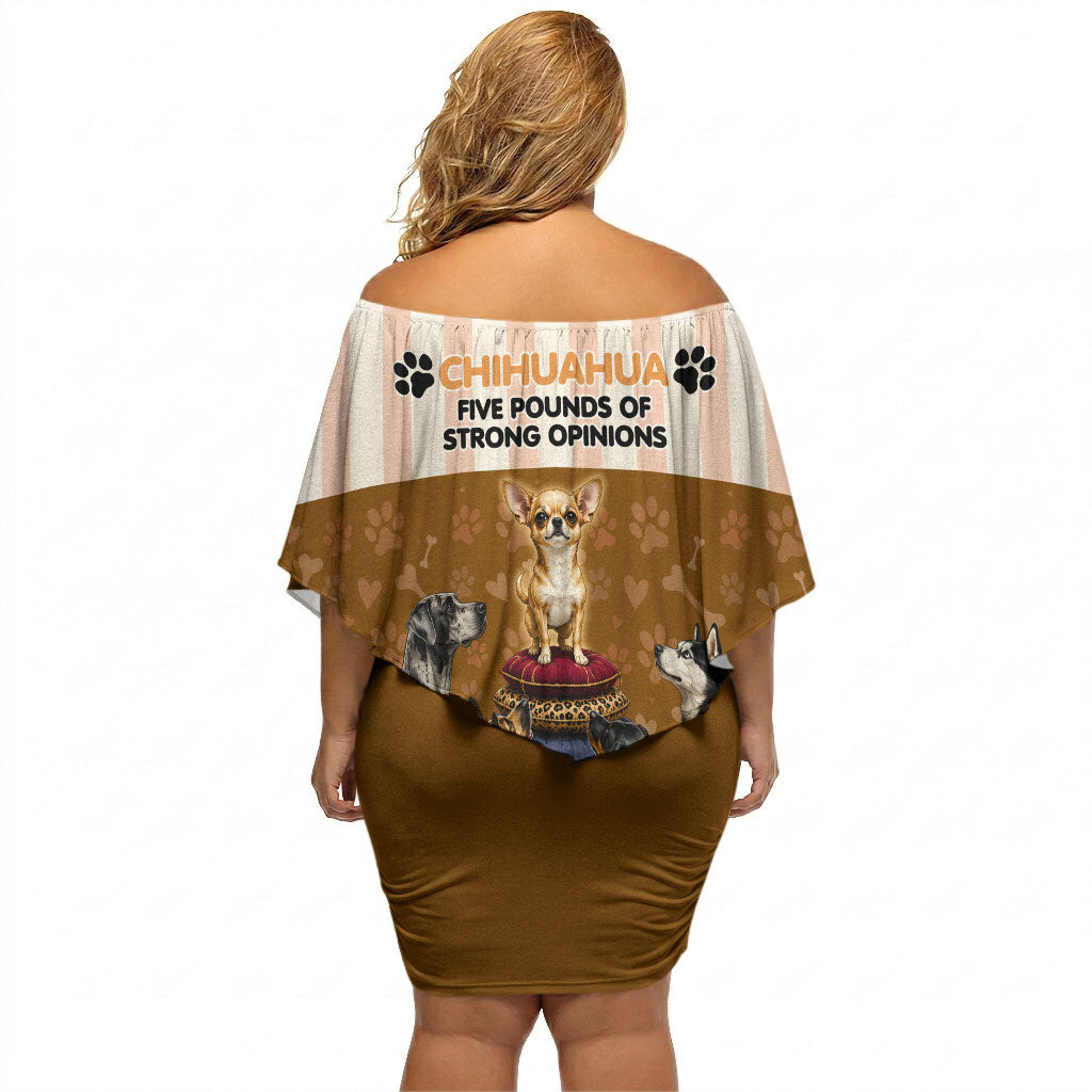 Chihuahua Five Pounds Of Strong Opinions Off Shoulder Short Dress Funny Dog Quote Paw Print Pattern