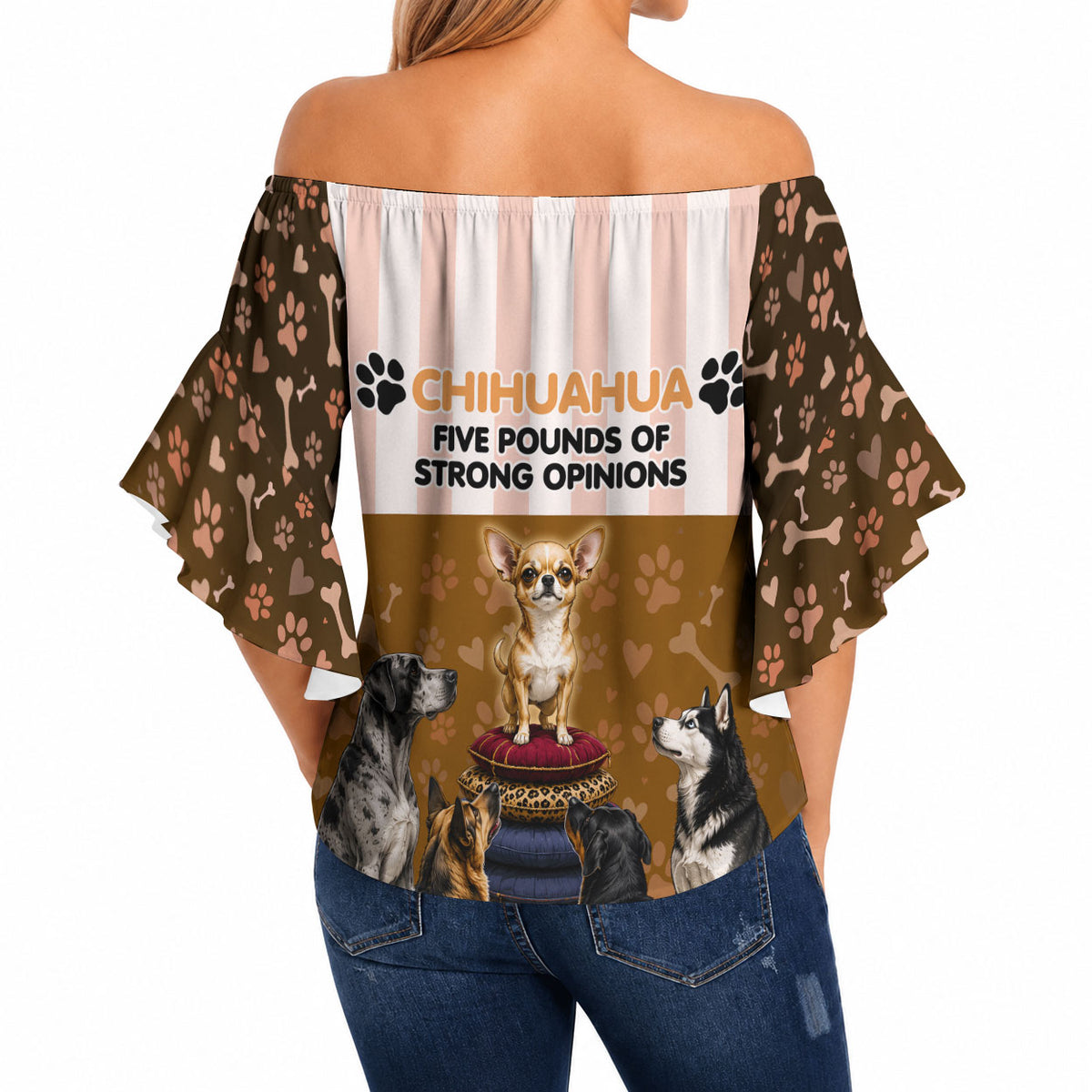 Chihuahua Five Pounds Of Strong Opinions Off Shoulder Wrap Waist Top Funny Dog Quote Paw Print Pattern