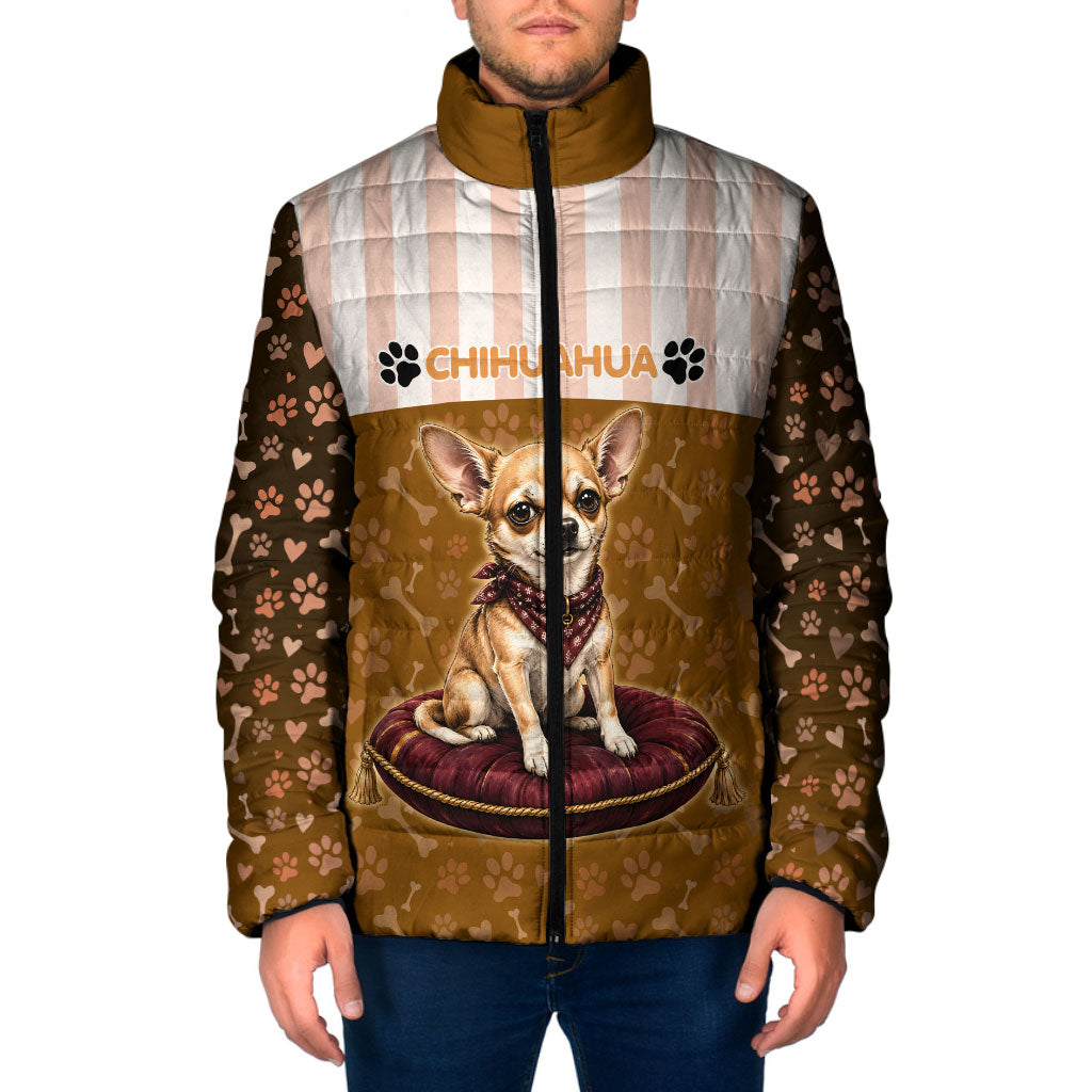 Chihuahua Five Pounds Of Strong Opinions Padded Jacket Funny Dog Quote Paw Print Pattern