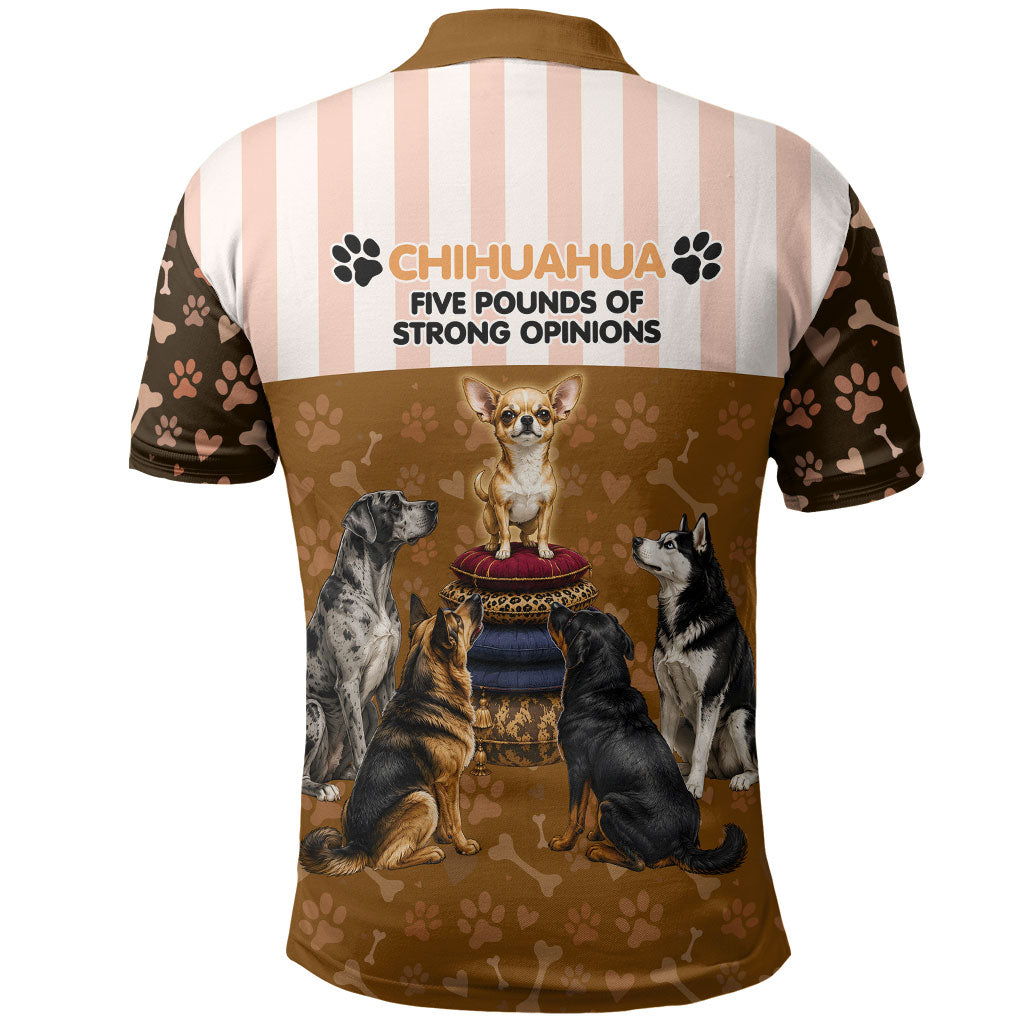 Chihuahua Five Pounds Of Strong Opinions Polo Shirt Funny Dog Quote Paw Print Pattern