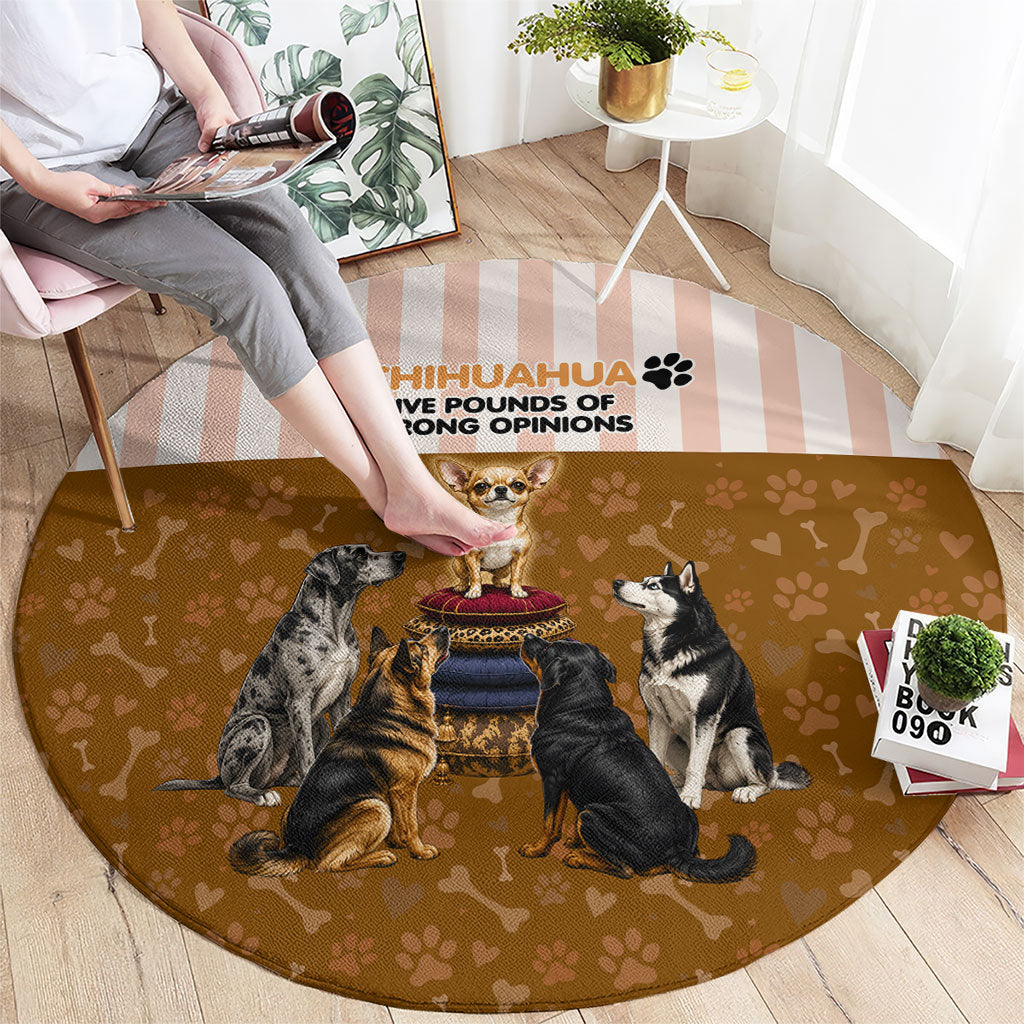 Chihuahua Five Pounds Of Strong Opinions Round Carpet Funny Dog Quote Paw Print Pattern