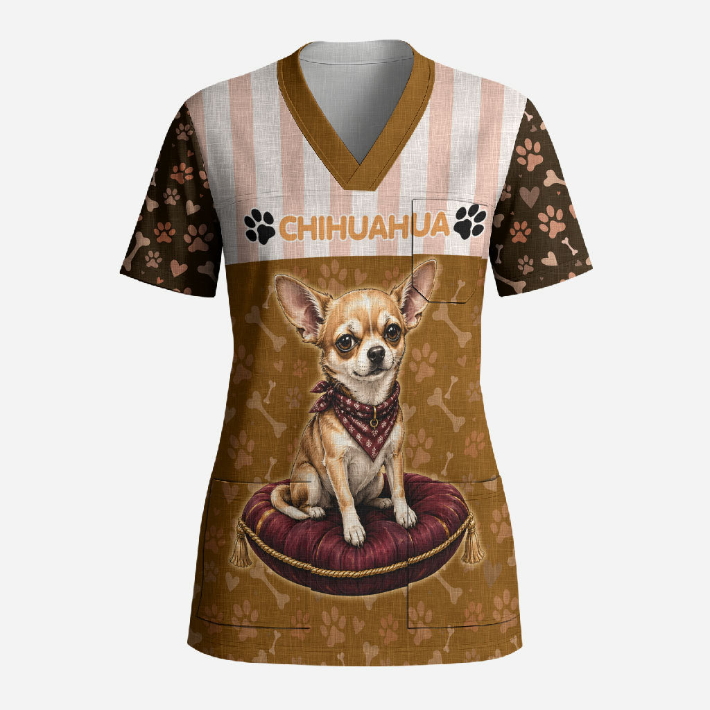 Chihuahua Five Pounds Of Strong Opinions Scrub Top Funny Dog Quote Paw Print Pattern