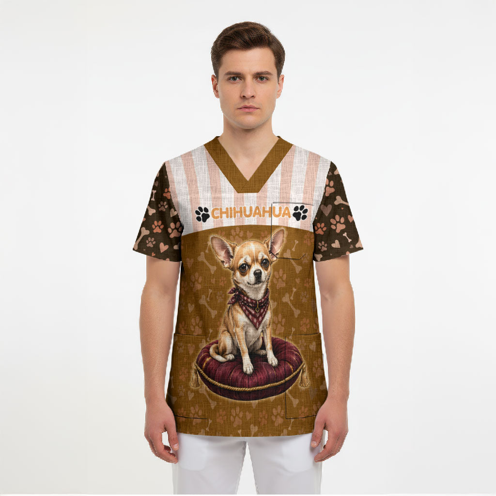 Chihuahua Five Pounds Of Strong Opinions Scrub Top Funny Dog Quote Paw Print Pattern