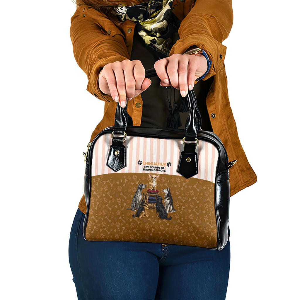 Chihuahua Five Pounds Of Strong Opinions Shoulder Handbag Funny Dog Quote Paw Print Pattern