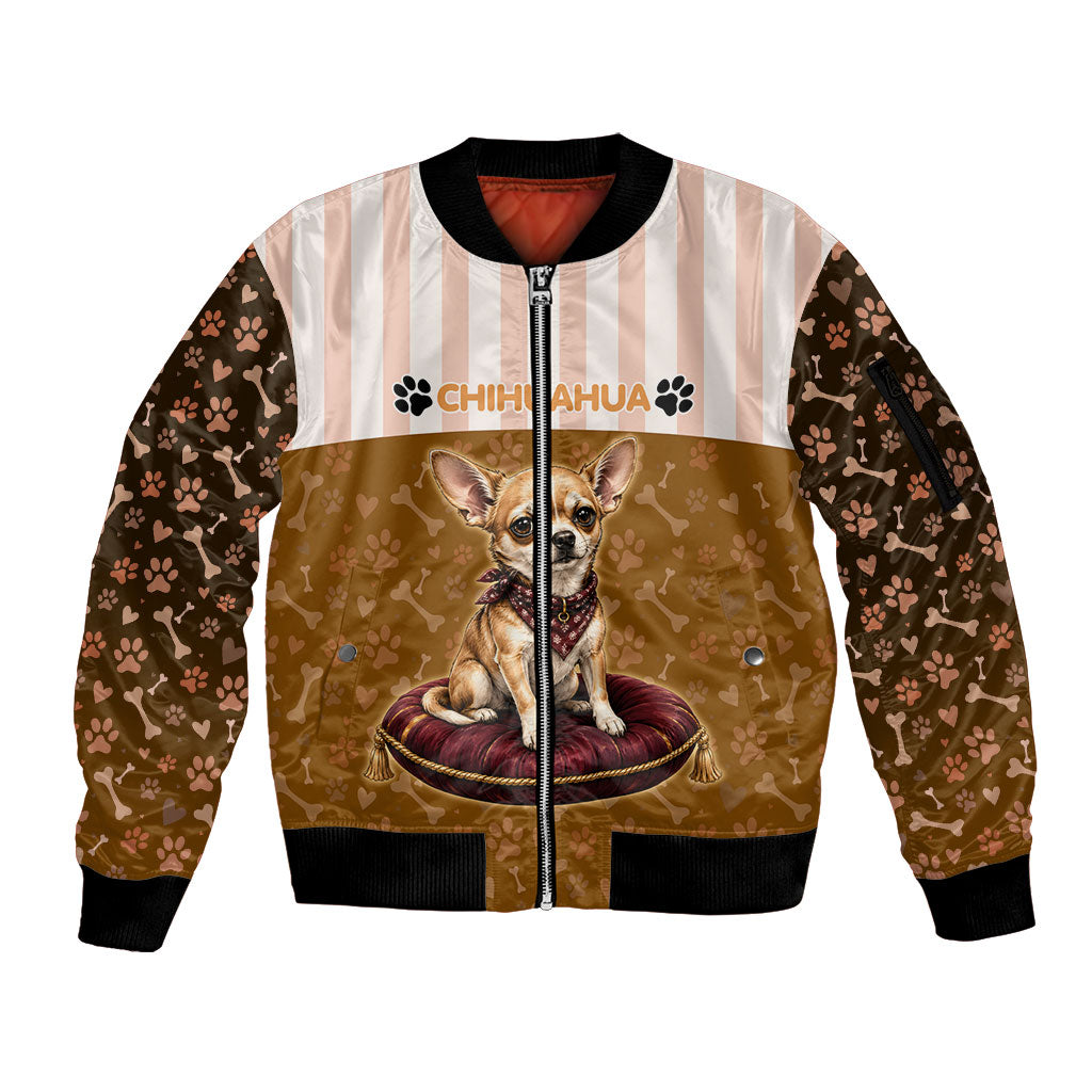 Chihuahua Five Pounds Of Strong Opinions Sleeve Zip Bomber Jacket Funny Dog Quote Paw Print Pattern