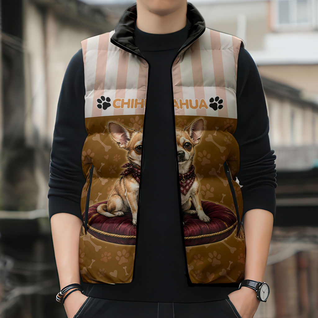 Chihuahua Five Pounds Of Strong Opinions Sleeveless Puffer Jacket Funny Dog Quote Paw Print Pattern