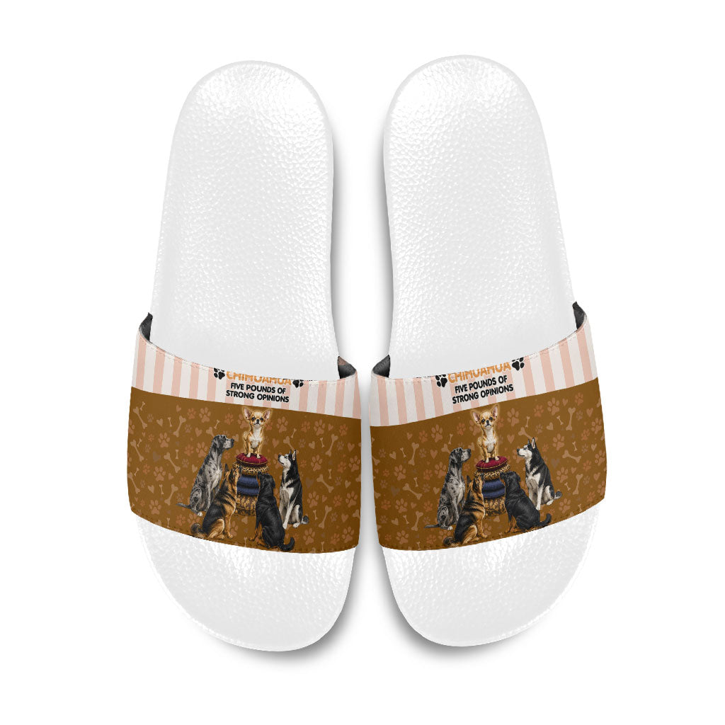 Chihuahua Five Pounds Of Strong Opinions Slide Sandals Funny Dog Quote Paw Print Pattern