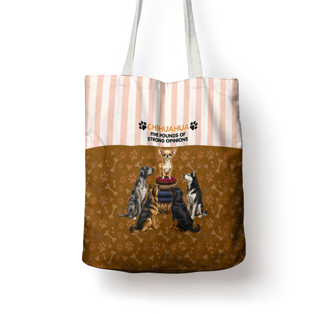 Chihuahua Five Pounds Of Strong Opinions Tote Bag Funny Dog Quote Paw Print Pattern