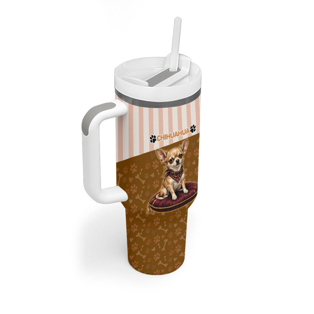 Chihuahua Five Pounds Of Strong Opinions Tumbler With Handle Funny Dog Quote Paw Print Pattern