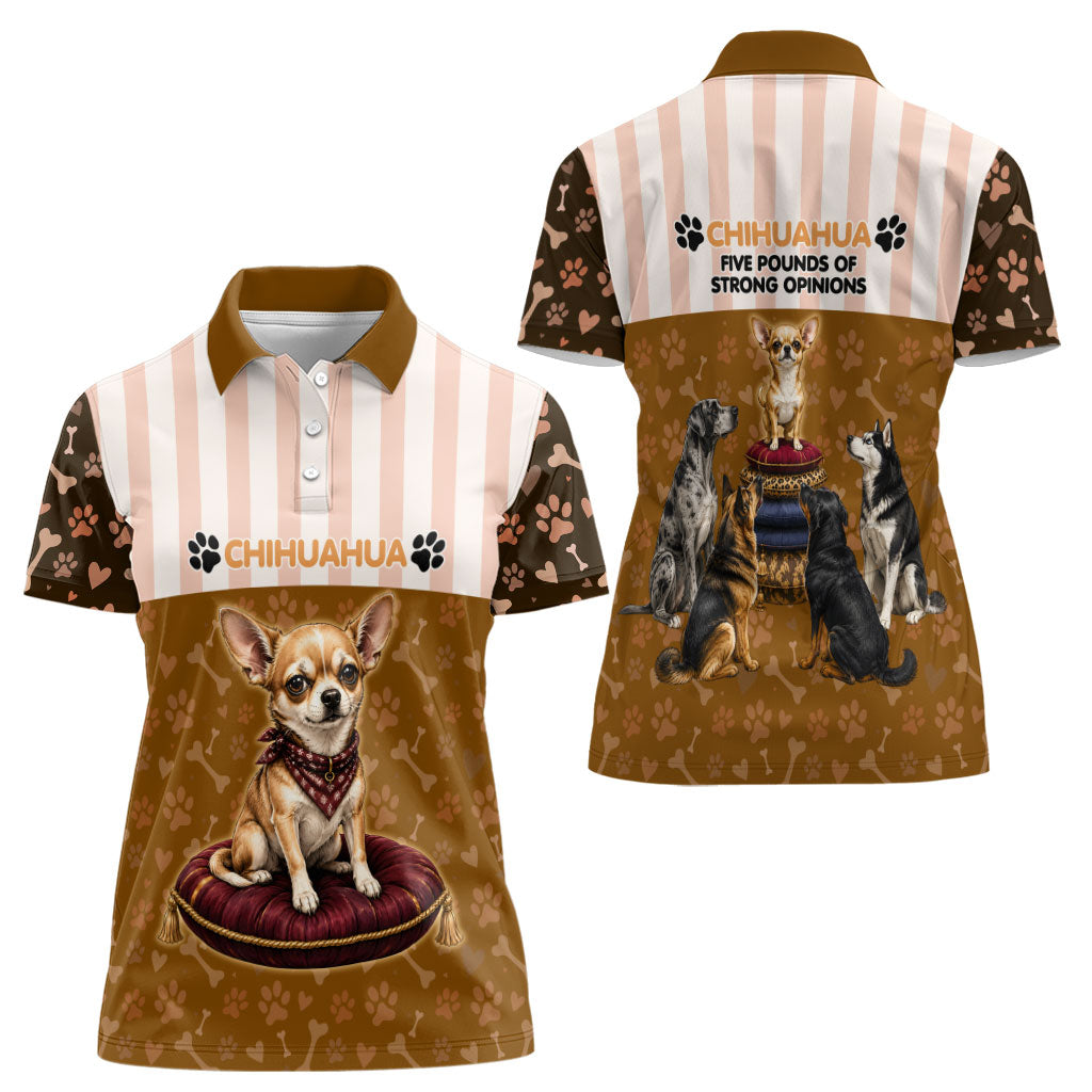 Chihuahua Five Pounds Of Strong Opinions Women Polo Shirt Funny Dog Quote Paw Print Pattern