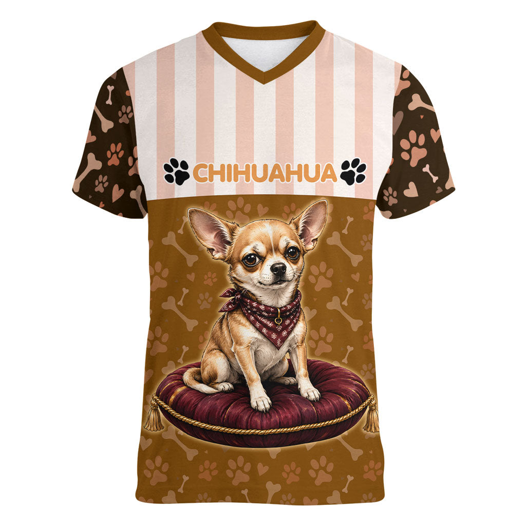 Chihuahua Five Pounds Of Strong Opinions Women V-Neck T-Shirt Funny Dog Quote Paw Print Pattern