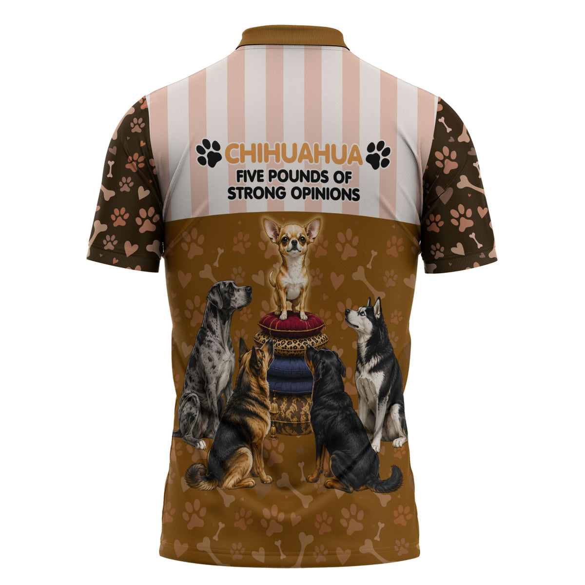 Chihuahua Five Pounds Of Strong Opinions Zipper Polo Shirt Funny Dog Quote Paw Print Pattern
