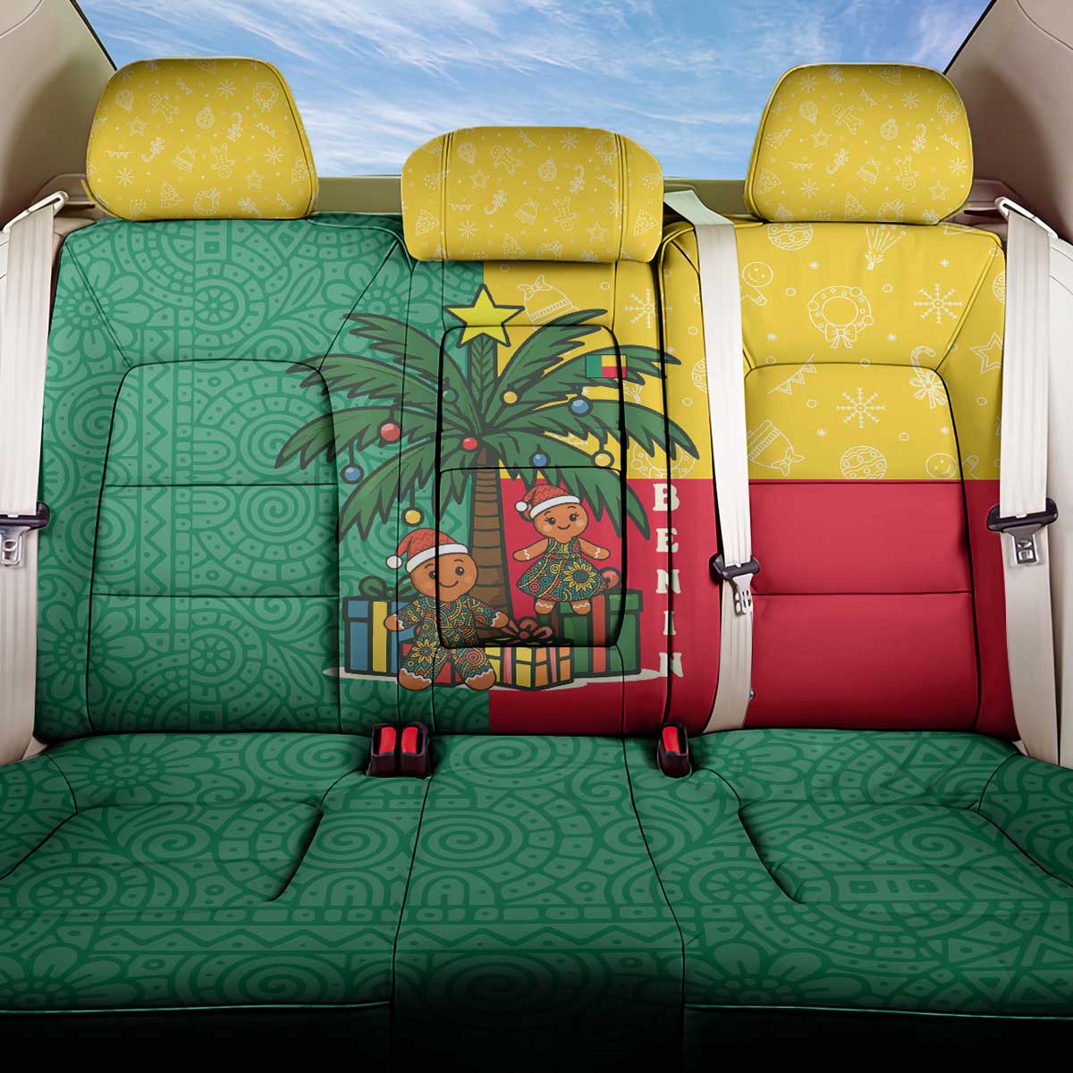 Benin Christmas Back Car Seat Cover with Palm Tree Dolls and Red Yellow Green Festive - Wonder Print Shop