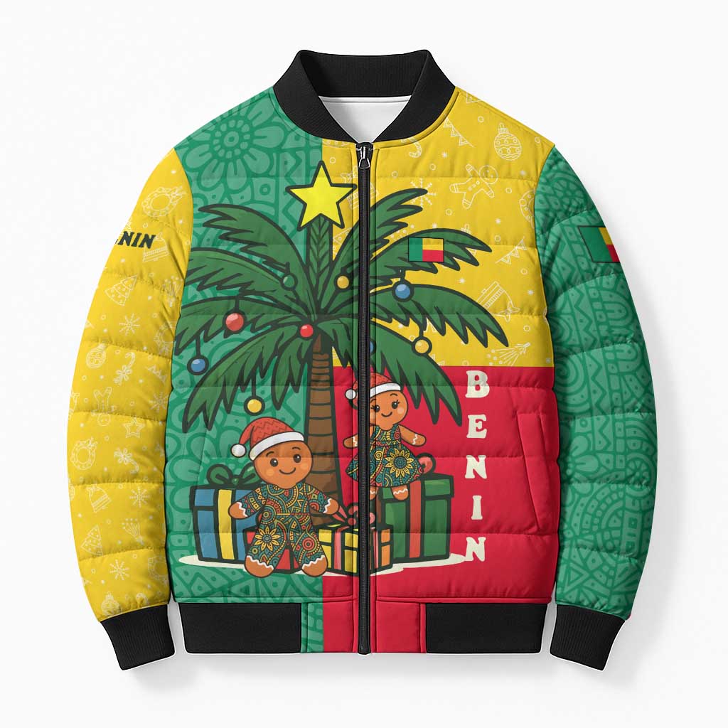 Benin Christmas Bomber Puffer Jacket with Palm Tree Dolls and Red Yellow Green Festive - Wonder Print Shop
