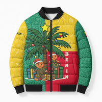 Benin Christmas Bomber Puffer Jacket with Palm Tree Dolls and Red Yellow Green Festive - Wonder Print Shop