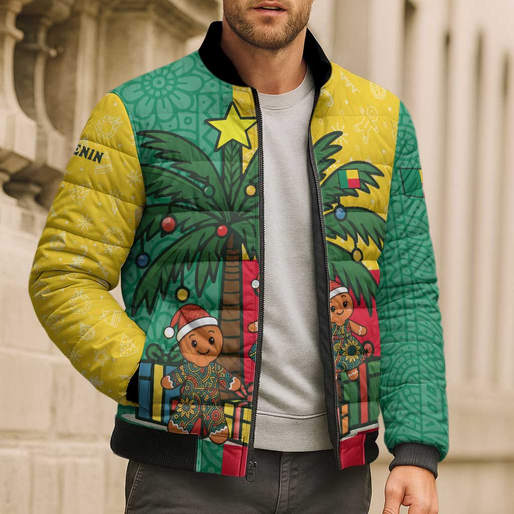 Benin Christmas Bomber Puffer Jacket with Palm Tree Dolls and Red Yellow Green Festive - Wonder Print Shop