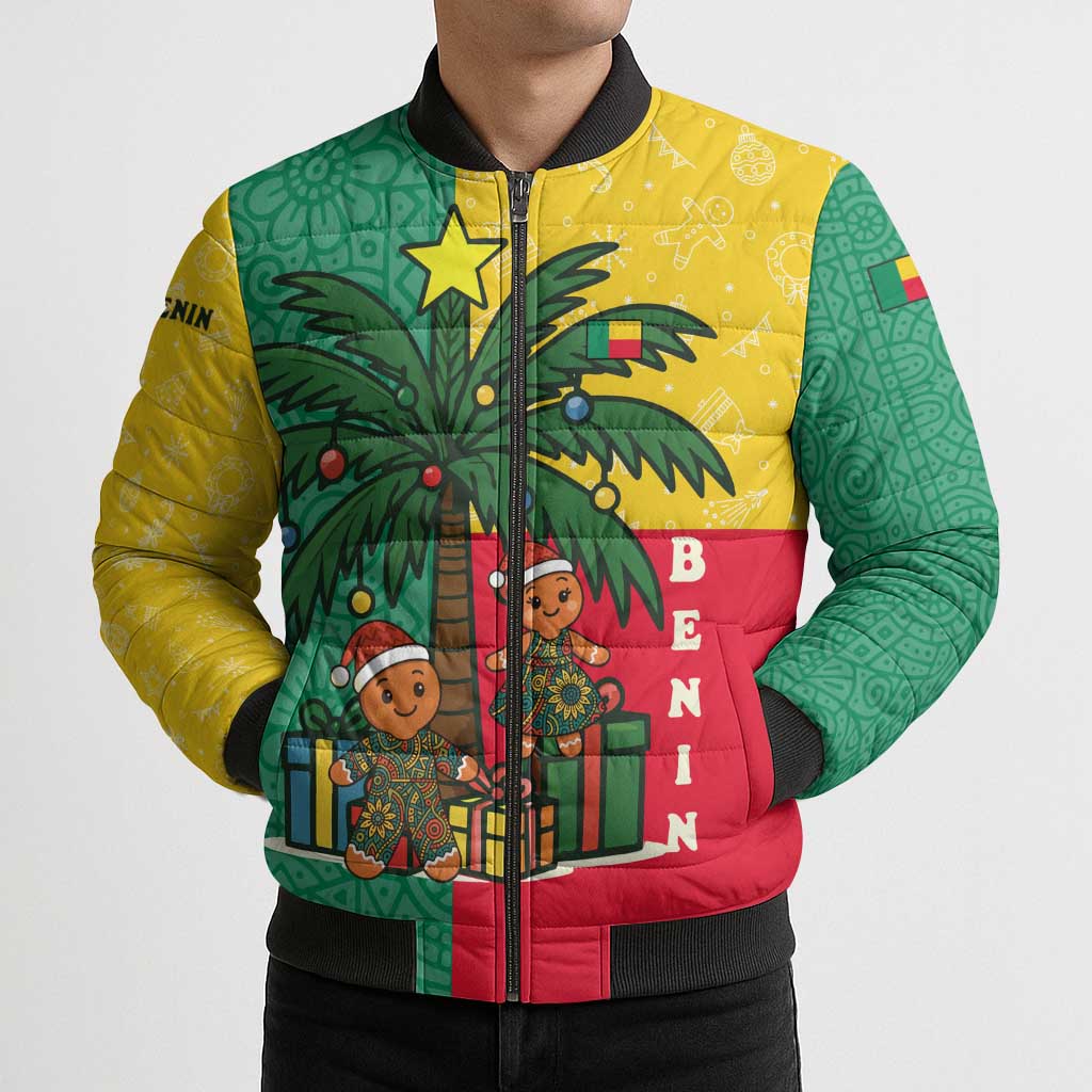 Benin Christmas Bomber Puffer Jacket with Palm Tree Dolls and Red Yellow Green Festive - Wonder Print Shop