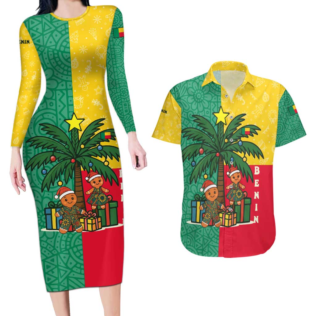 Benin Christmas Couples Matching Long Sleeve Bodycon Dress and Hawaiian Shirt with Palm Tree Dolls and Red Yellow Green Festive - Wonder Print Shop