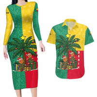 Benin Christmas Couples Matching Long Sleeve Bodycon Dress and Hawaiian Shirt with Palm Tree Dolls and Red Yellow Green Festive - Wonder Print Shop