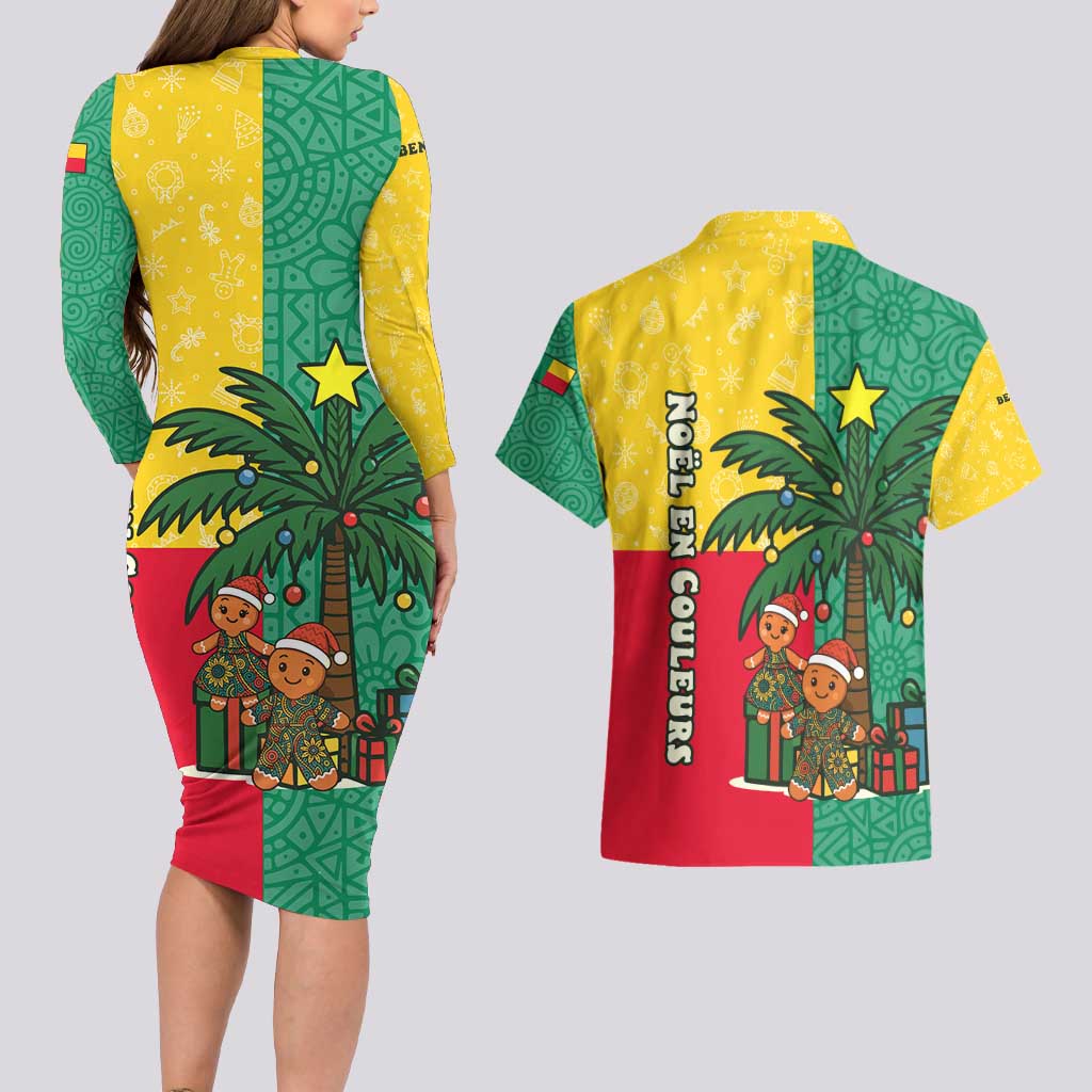 Benin Christmas Couples Matching Long Sleeve Bodycon Dress and Hawaiian Shirt with Palm Tree Dolls and Red Yellow Green Festive - Wonder Print Shop