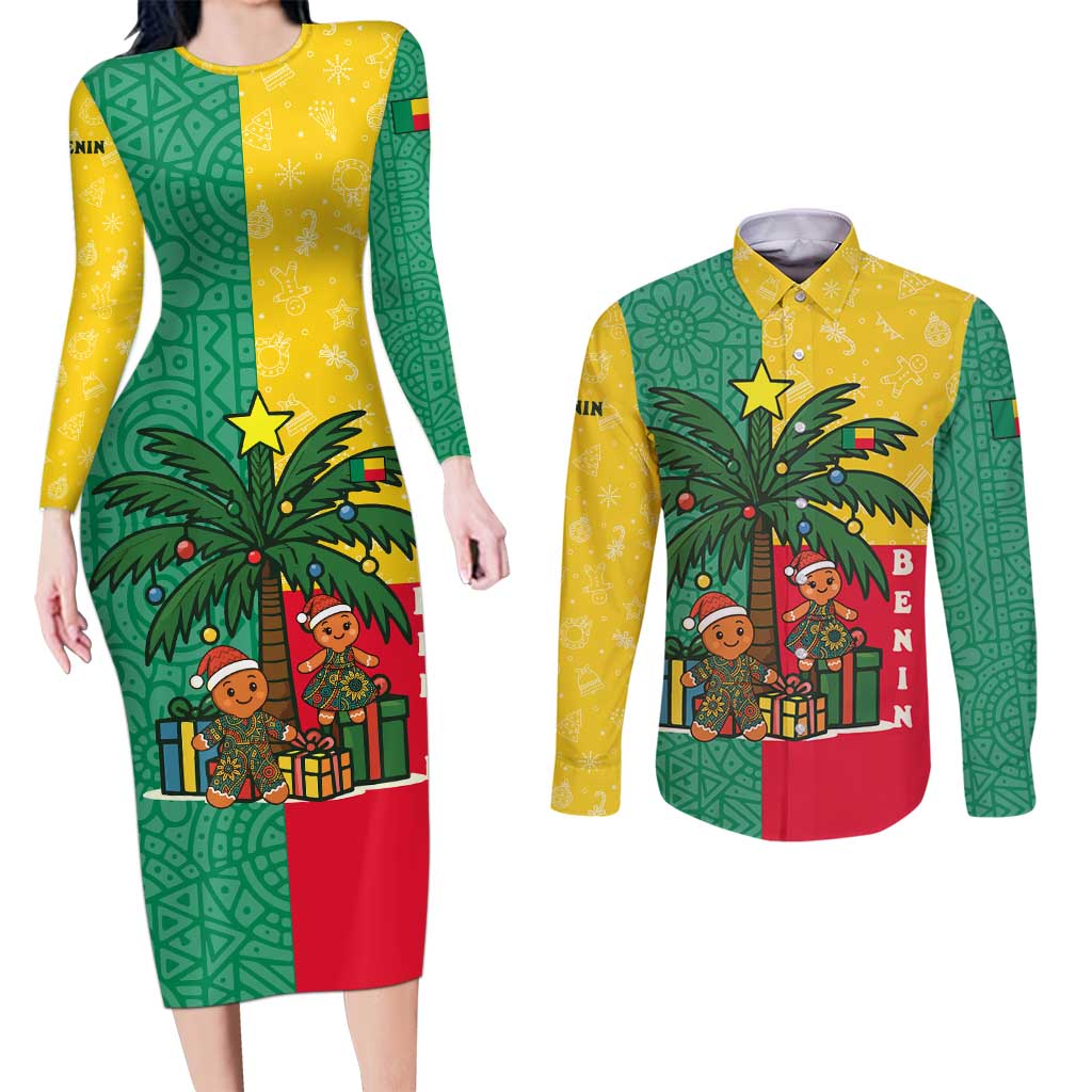 Benin Christmas Couples Matching Long Sleeve Bodycon Dress and Long Sleeve Button Shirt with Palm Tree Dolls and Red Yellow Green Festive - Wonder Print Shop