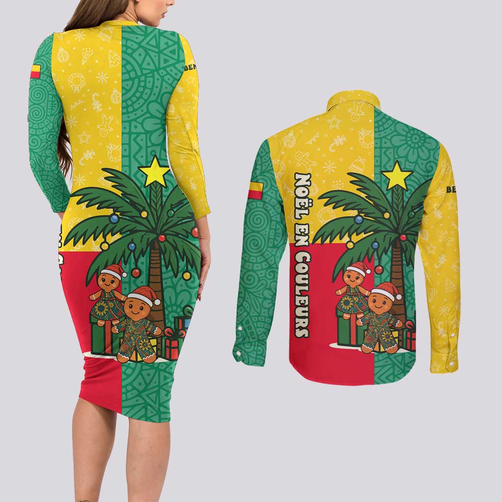 Benin Christmas Couples Matching Long Sleeve Bodycon Dress and Long Sleeve Button Shirt with Palm Tree Dolls and Red Yellow Green Festive - Wonder Print Shop