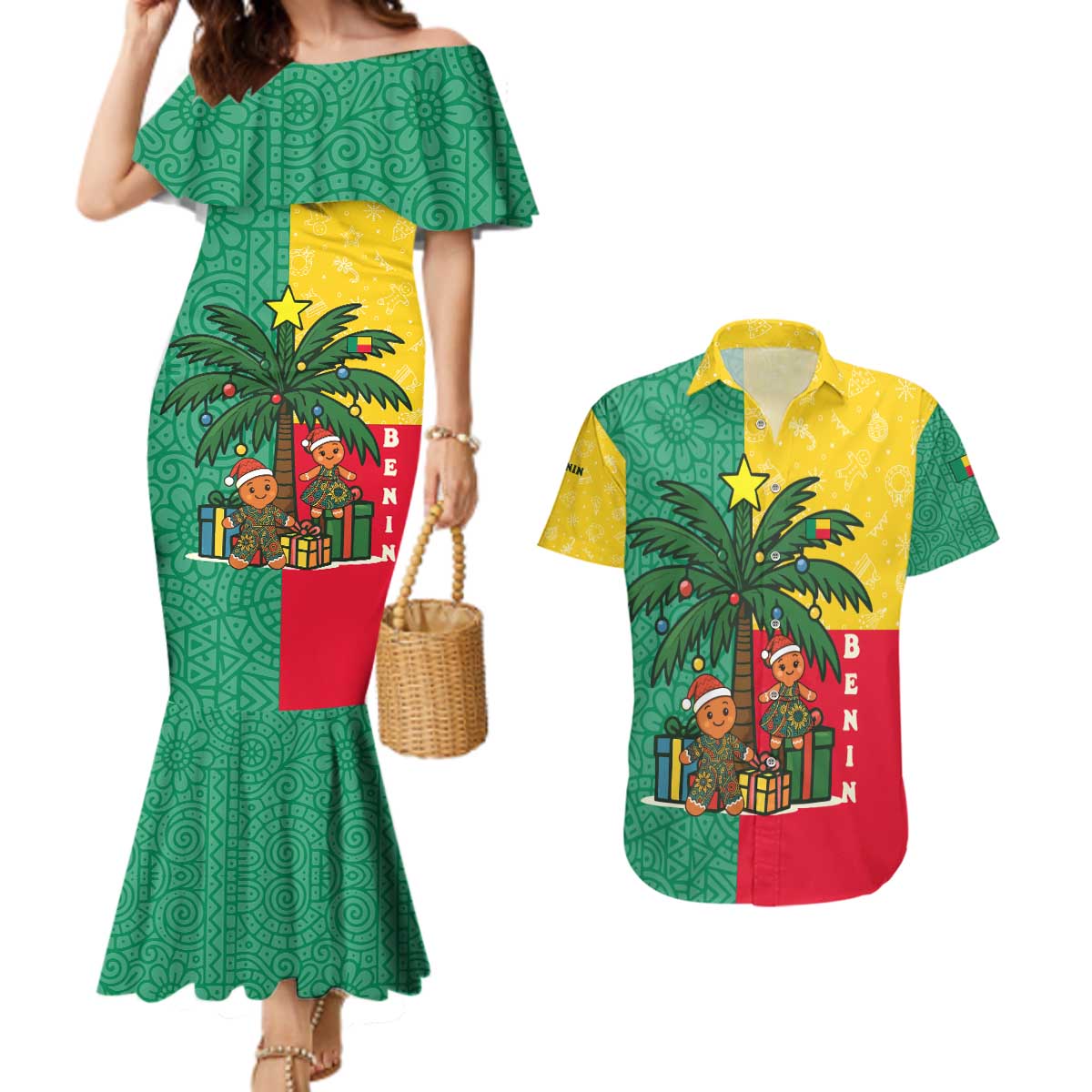Benin Christmas Couples Matching Mermaid Dress and Hawaiian Shirt with Palm Tree Dolls and Red Yellow Green Festive - Wonder Print Shop