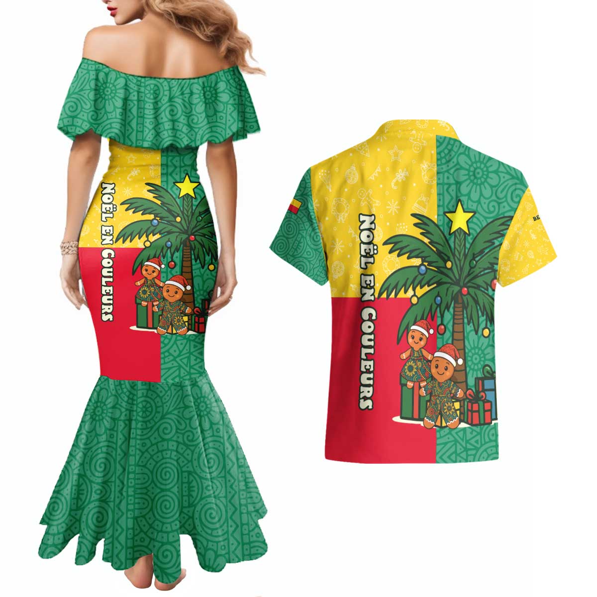 Benin Christmas Couples Matching Mermaid Dress and Hawaiian Shirt with Palm Tree Dolls and Red Yellow Green Festive - Wonder Print Shop