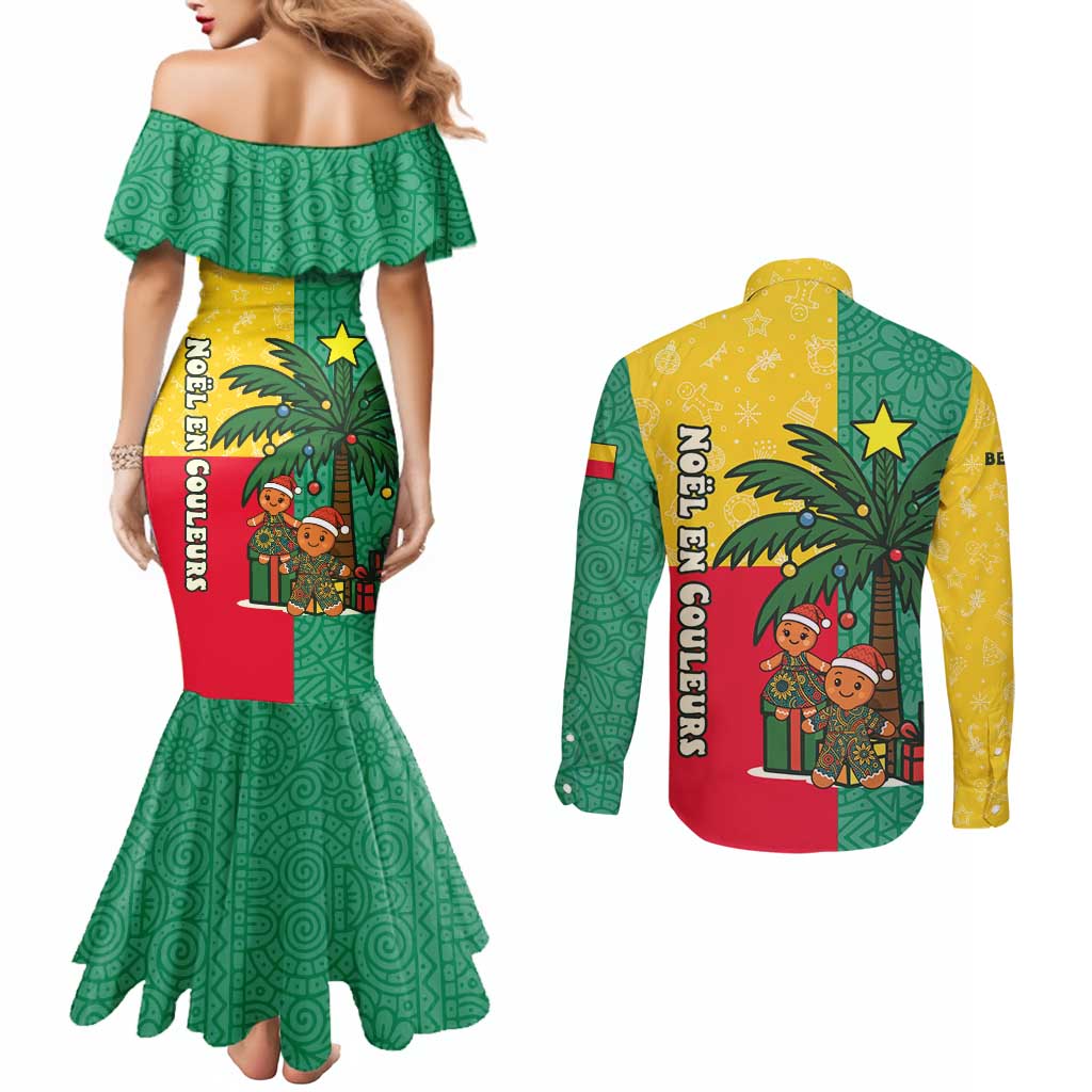 Benin Christmas Couples Matching Mermaid Dress and Long Sleeve Button Shirt with Palm Tree Dolls and Red Yellow Green Festive - Wonder Print Shop