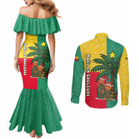 Benin Christmas Couples Matching Mermaid Dress and Long Sleeve Button Shirt with Palm Tree Dolls and Red Yellow Green Festive - Wonder Print Shop