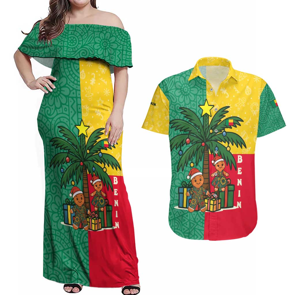 Benin Christmas Couples Matching Off Shoulder Maxi Dress and Hawaiian Shirt with Palm Tree Dolls and Red Yellow Green Festive - Wonder Print Shop