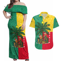 Benin Christmas Couples Matching Off Shoulder Maxi Dress and Hawaiian Shirt with Palm Tree Dolls and Red Yellow Green Festive - Wonder Print Shop