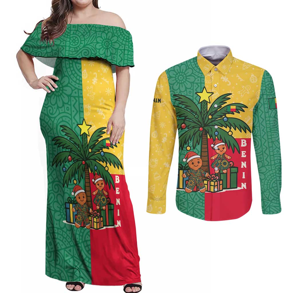 Benin Christmas Couples Matching Off Shoulder Maxi Dress and Long Sleeve Button Shirt with Palm Tree Dolls and Red Yellow Green Festive - Wonder Print Shop