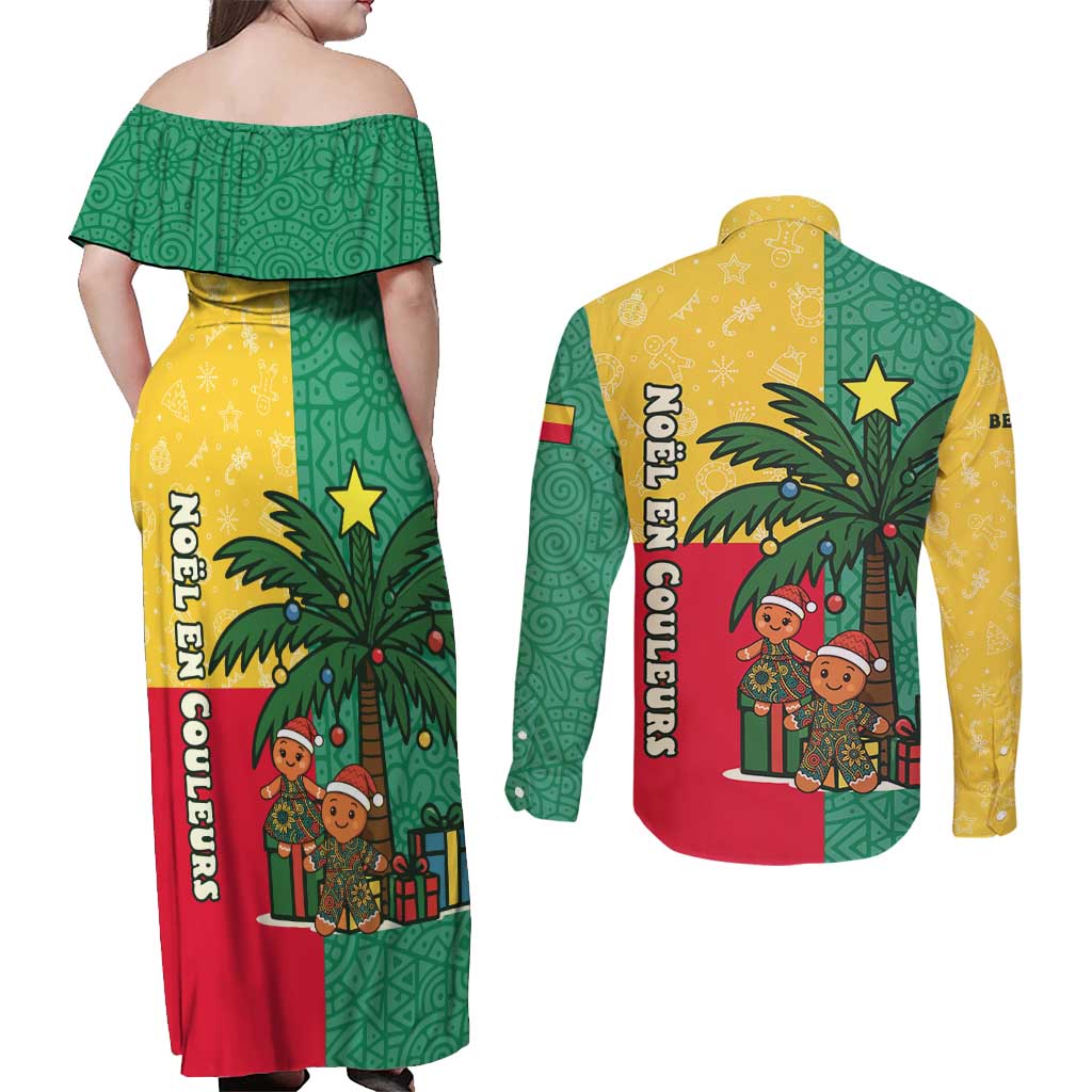 Benin Christmas Couples Matching Off Shoulder Maxi Dress and Long Sleeve Button Shirt with Palm Tree Dolls and Red Yellow Green Festive - Wonder Print Shop