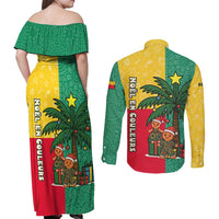 Benin Christmas Couples Matching Off Shoulder Maxi Dress and Long Sleeve Button Shirt with Palm Tree Dolls and Red Yellow Green Festive - Wonder Print Shop