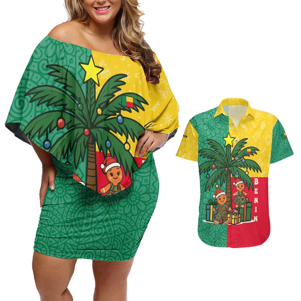 Benin Christmas Couples Matching Off Shoulder Short Dress and Hawaiian Shirt with Palm Tree Dolls and Red Yellow Green Festive - Wonder Print Shop