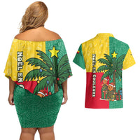 Benin Christmas Couples Matching Off Shoulder Short Dress and Hawaiian Shirt with Palm Tree Dolls and Red Yellow Green Festive - Wonder Print Shop