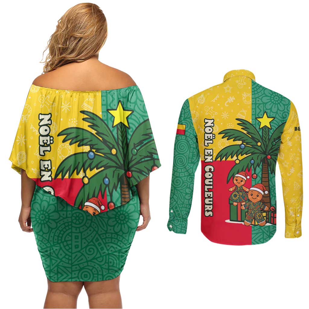 Benin Christmas Couples Matching Off Shoulder Short Dress and Long Sleeve Button Shirt with Palm Tree Dolls and Red Yellow Green Festive - Wonder Print Shop