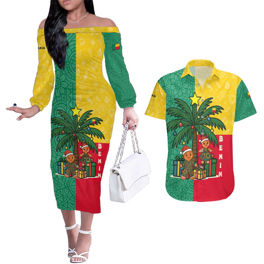 Benin Christmas Couples Matching Off The Shoulder Long Sleeve Dress and Hawaiian Shirt with Palm Tree Dolls and Red Yellow Green Festive - Wonder Print Shop
