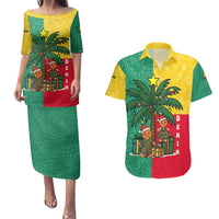 Benin Christmas Couples Matching Puletasi and Hawaiian Shirt with Palm Tree Dolls and Red Yellow Green Festive - Wonder Print Shop