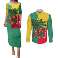 Benin Christmas Couples Matching Puletasi and Long Sleeve Button Shirt with Palm Tree Dolls and Red Yellow Green Festive - Wonder Print Shop