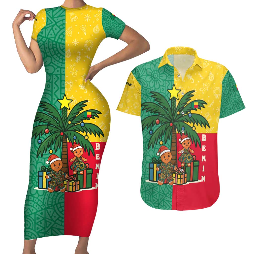 Benin Christmas Couples Matching Short Sleeve Bodycon Dress and Hawaiian Shirt with Palm Tree Dolls and Red Yellow Green Festive - Wonder Print Shop